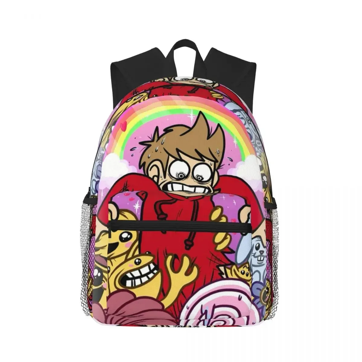 sac dos polyester rouge motif personnages animaux poignées noires poches latérales filet noir forme rectangulaire capacité 20 35 litres usage étudiant scolaire randonnée voyage