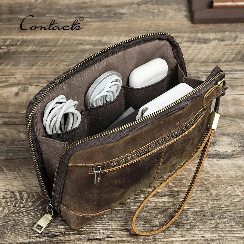 CONTACT'S hommes pochette de voyage en cuir véritable pochette portefeuille sac à main sac à main décontracté Charge câble organisateur sac de rangement