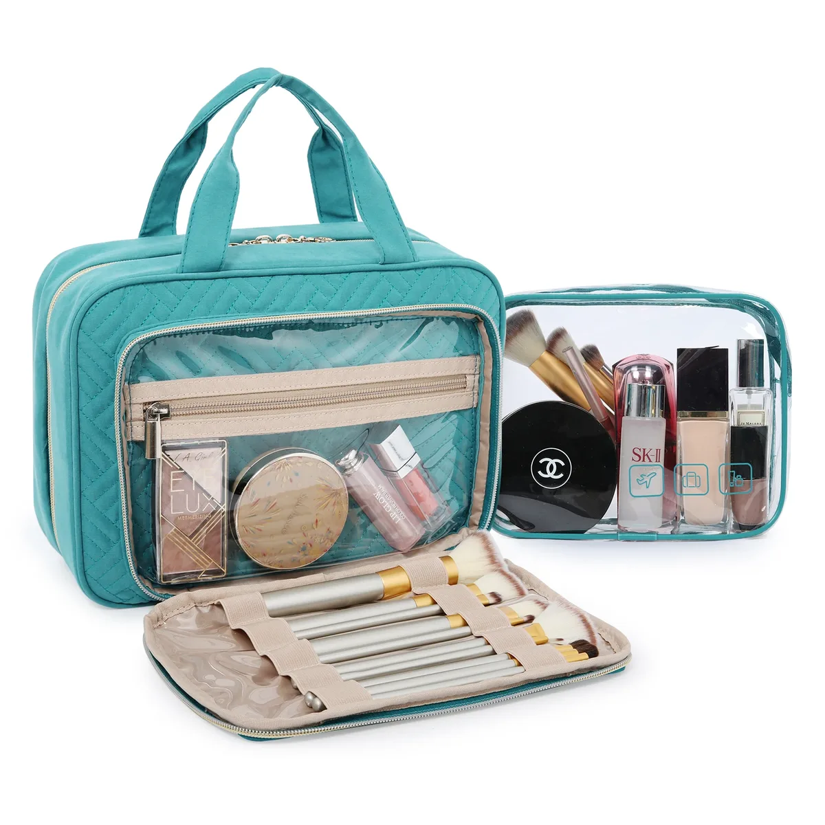 trousse toilette pvc noire accent doré compartiments organisation maquillage voyage boîte format rectangle motif géométrique relief frontal