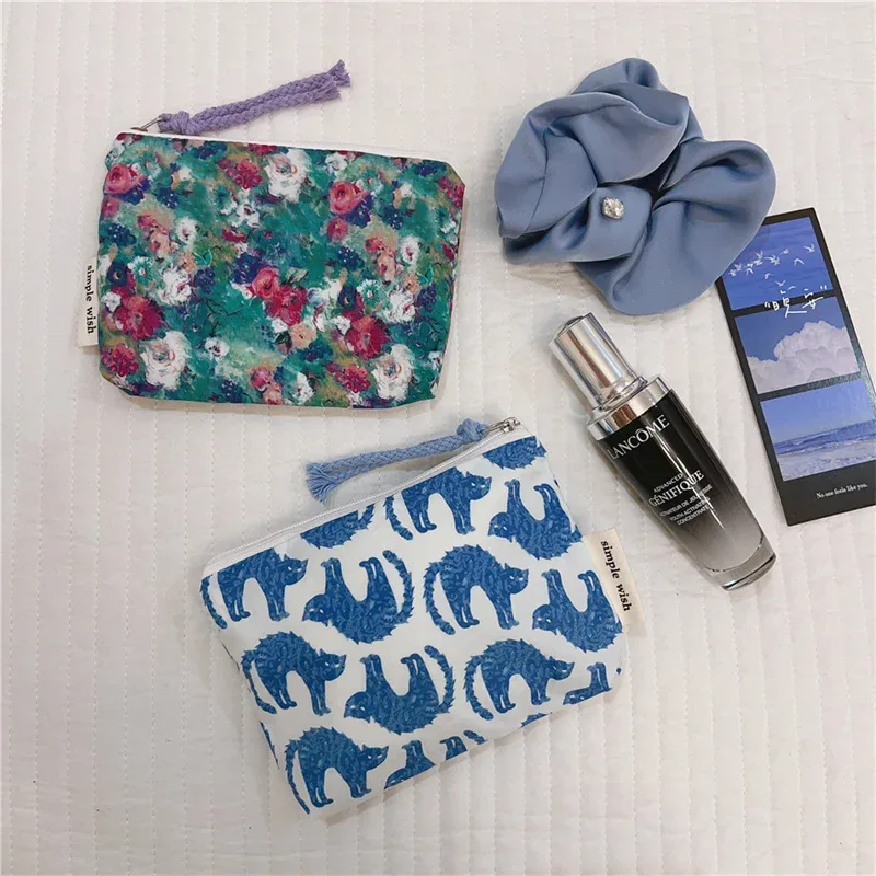 porte-monnaie en coton imprimé floral frais d'été, mini sac de rangement en tissu, petit sac pour écouteurs, pochette de voyage pour cosmétiques, sac de rangement pour maquillage