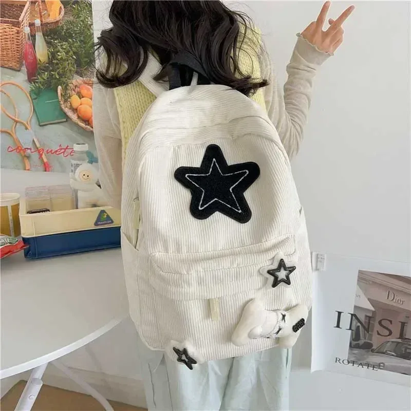 y2k – sac à dos pour ordinateur portable à motif d'étoile pour filles, sac à dos d'école de grande capacité pour adolescentes, sac à dos en velours côtelé, sac à bandoulière à double sangle