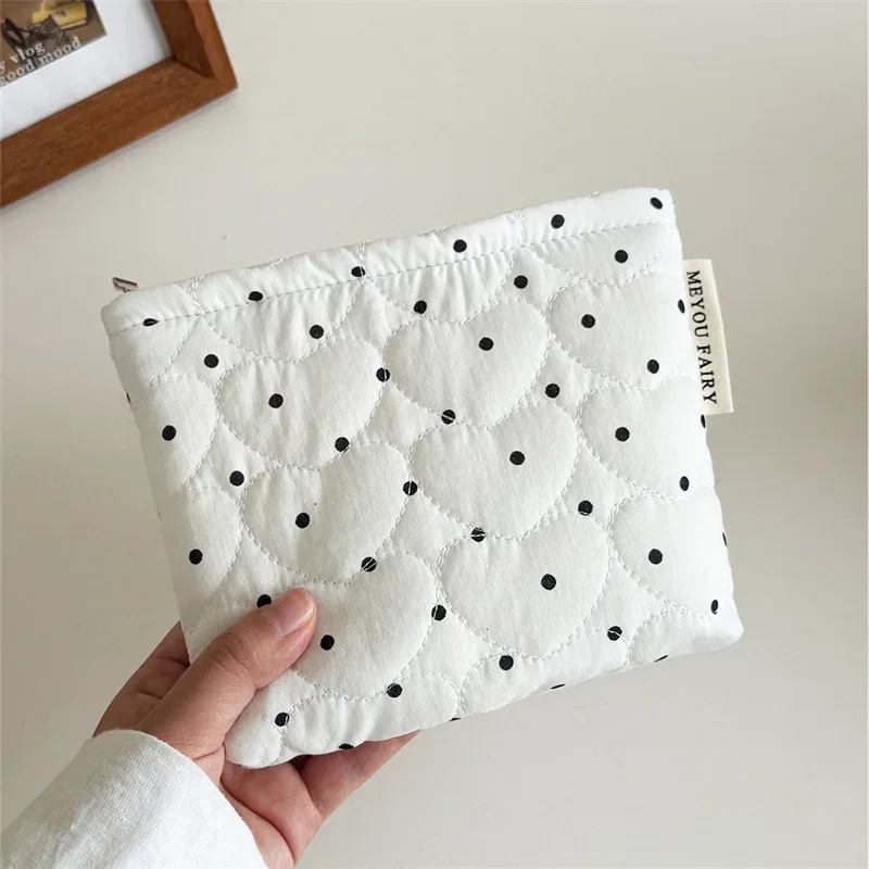 sac à cosmétiques en toile à pois pour femmes, trousse de maquillage kawaii douce et mignonne, sac de rangement de grande capacité à main de noël pour filles