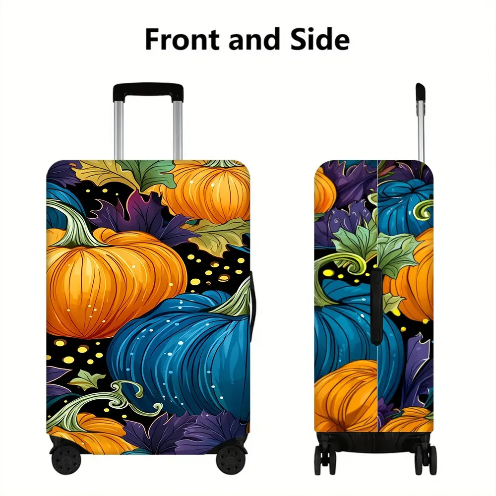 housse valise polyester motif citrouilles orange bleues fond noir feuilles vertes violet protection voyage