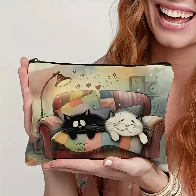 trousse polyester chats scène salon floral bleu noir beige voyage cosmétiques toile légère pliante