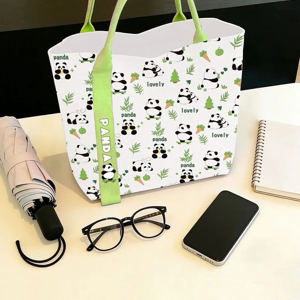 sac fourre-tout happy panda cartoon, sac en toile élégant et mignon, sac de transport polyvalent à épaule ouverte pour femmes