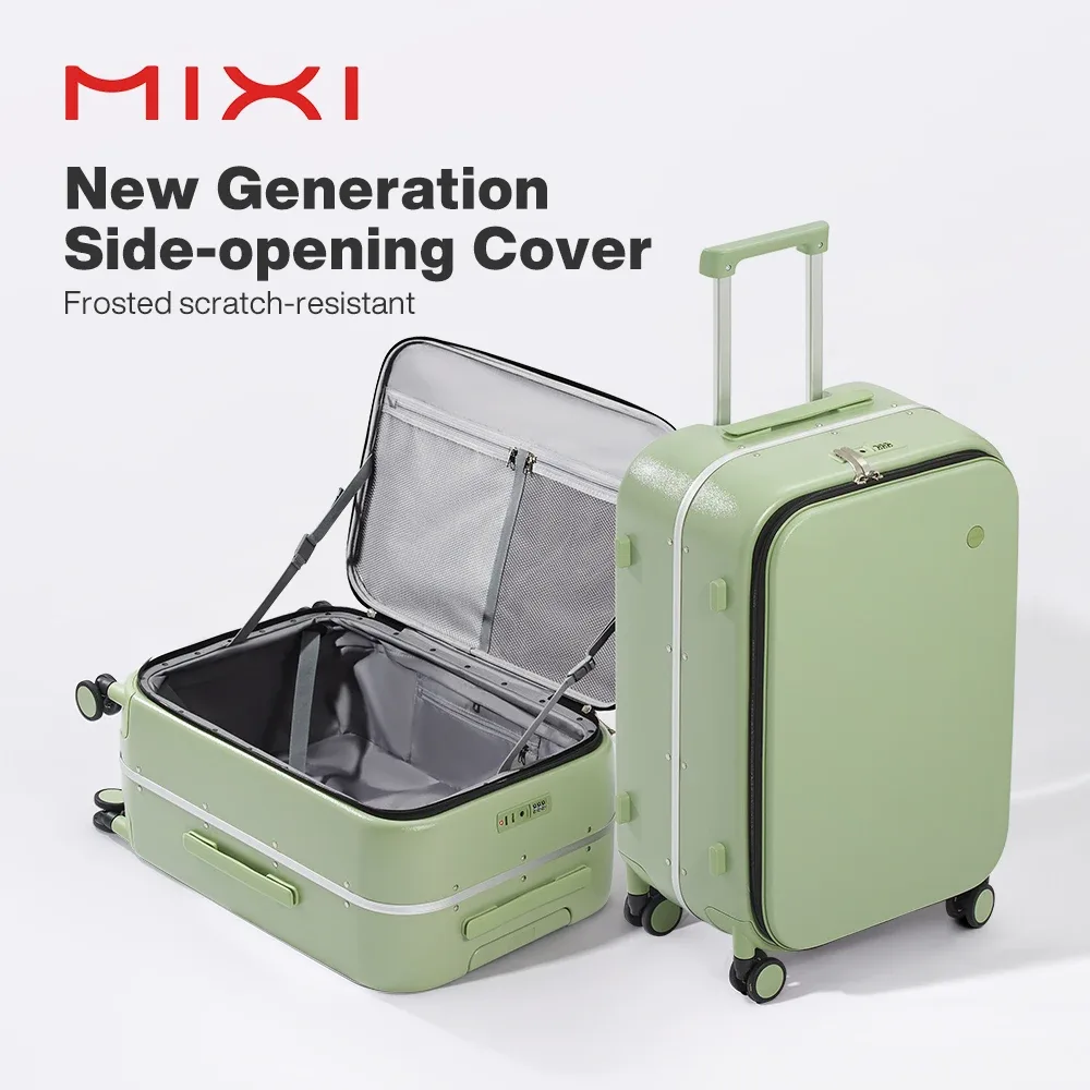 mixi nouveau pc cadre en aluminium valise ouverture avant bagage de voyage roulant 20 pouces bagage à main 24 26 pouces m9291