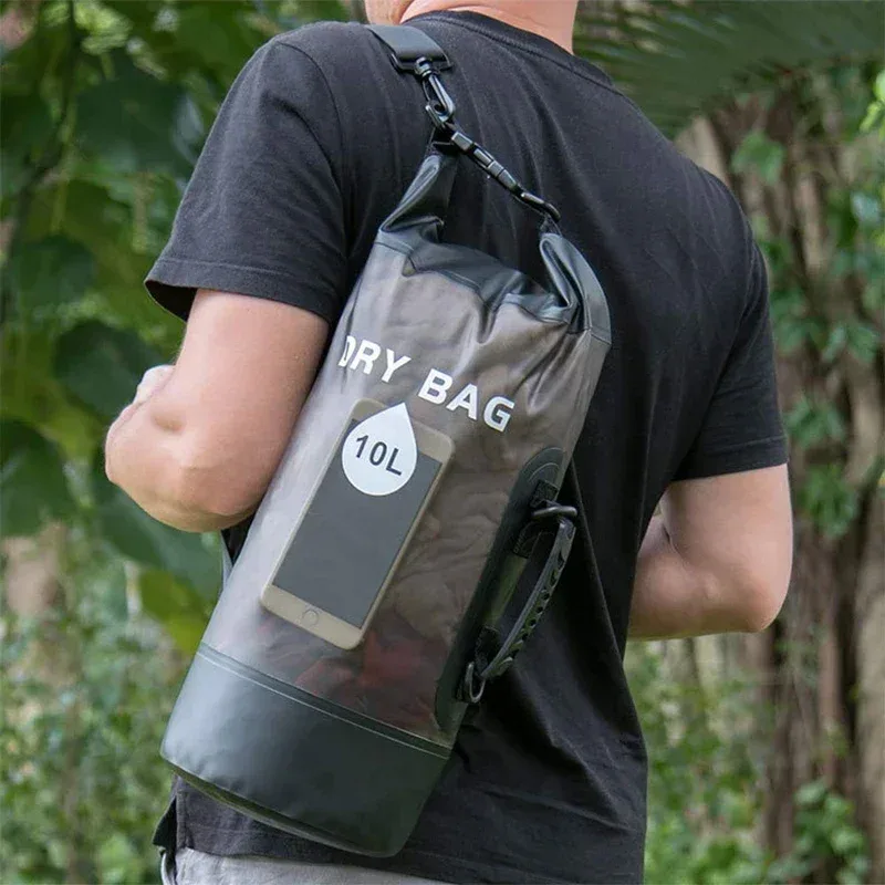 organisateur voyage sac étanche pvc transparent motif bleu poignée noire sangle ajustable trekking kayak rafting canotage