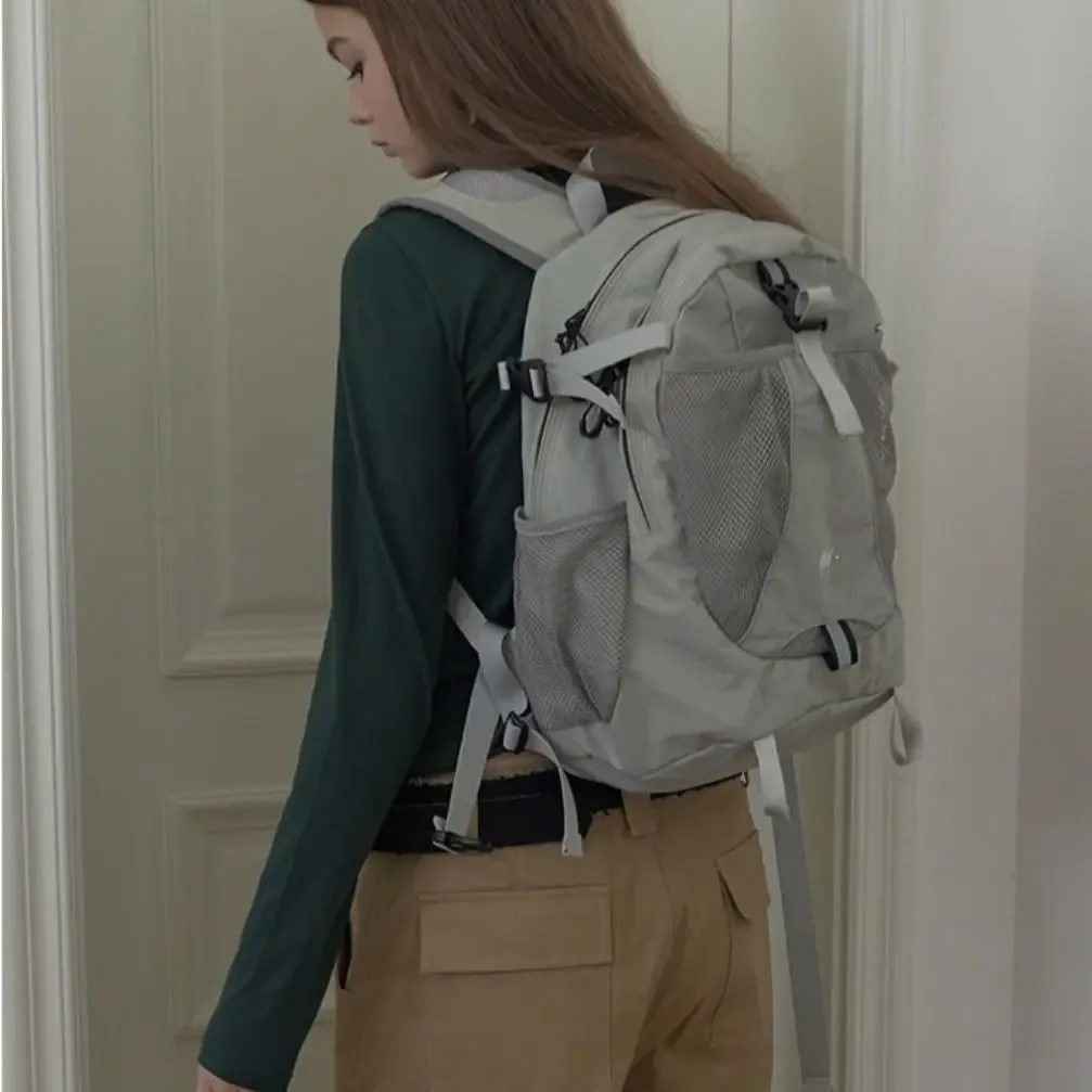 sac à dos en nylon gris coréen y2k pour femmes, sacs à dos de randonnée en plein air légers, sac de cyclisme unisexe, sacs d'école à la mode, haute capacité