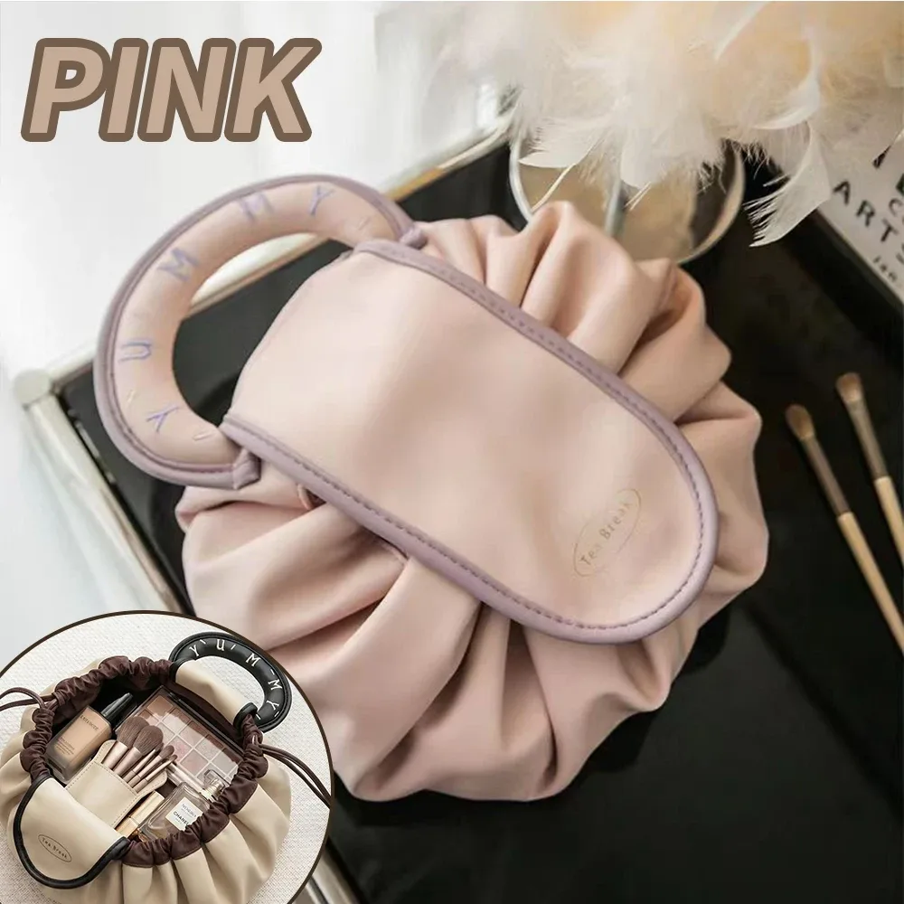 nouvelle trousse à cosmétiques avec cordon de serrage, pochette de maquillage portable avec poignée, organiseur de maquillage en pu grande capacité pour femmes