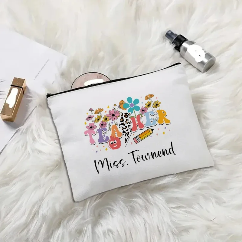 trousse de maquillage en toile "appréciation des enseignants", "aimer enseigner inspirer", pochette cosmétique mignonne avec fermeture éclair, organisateur de toilette portable pour voyage