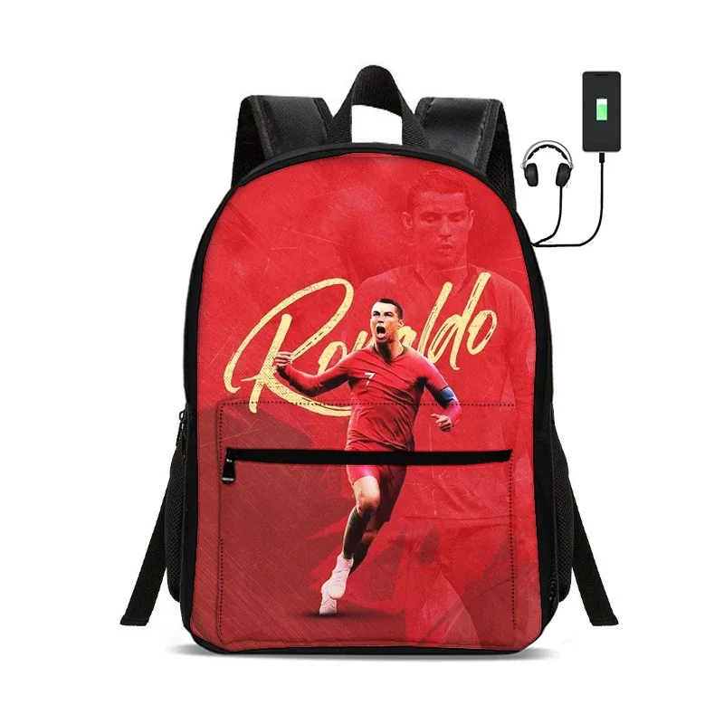 sac à dos de star du football avec interface usb, sac à dos ronaldo pour étudiants, sac à dos pour garçons et filles, meilleur cadeau