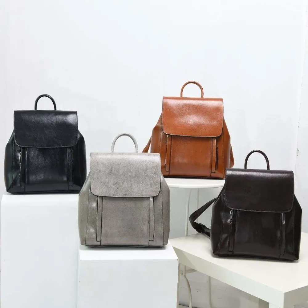 sac à dos rétro en cuir pour femmes, imperméable, grande capacité, en cuir ciré, couleur unie, avec boucle magnétique antivol, sac de voyage