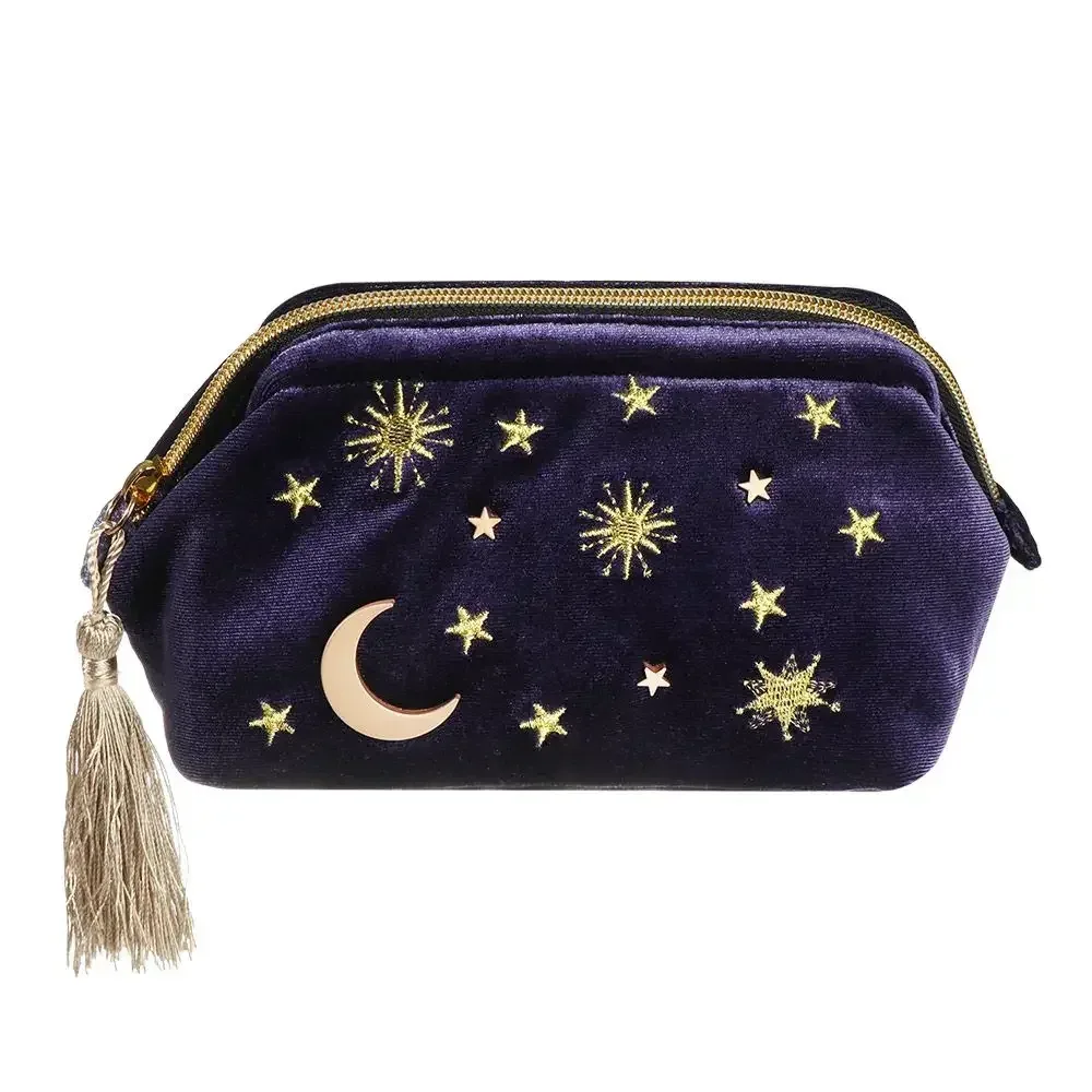trousse à cosmétiques en velours brodée, motif étoile et lune, trousse de maquillage portable, sac à bijoux exquis, organisateur de voyage, poudres pinceaux