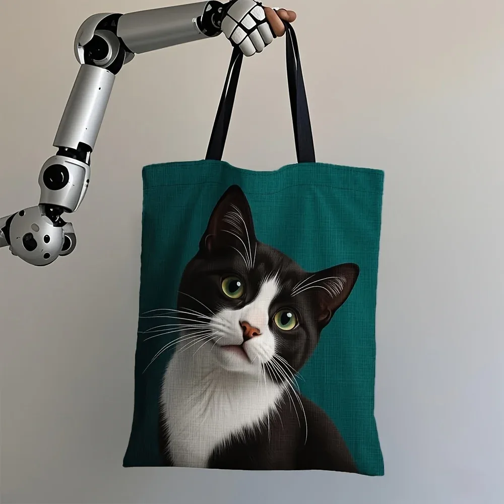 sac fourre-tout pour chat de smoking de grande capacité, sac à bandoulière réutilisable et durable avec motif de chat rayé noir et blanc, fond sarcelle, 1 pièce