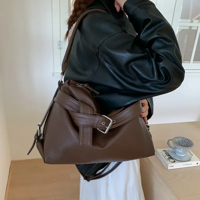 sac fourre-tout en cuir souple de grande capacité, sac à main avec boucle de ceinture, nouveau sac messager à bandoulière rétro pour fille, sac de moto