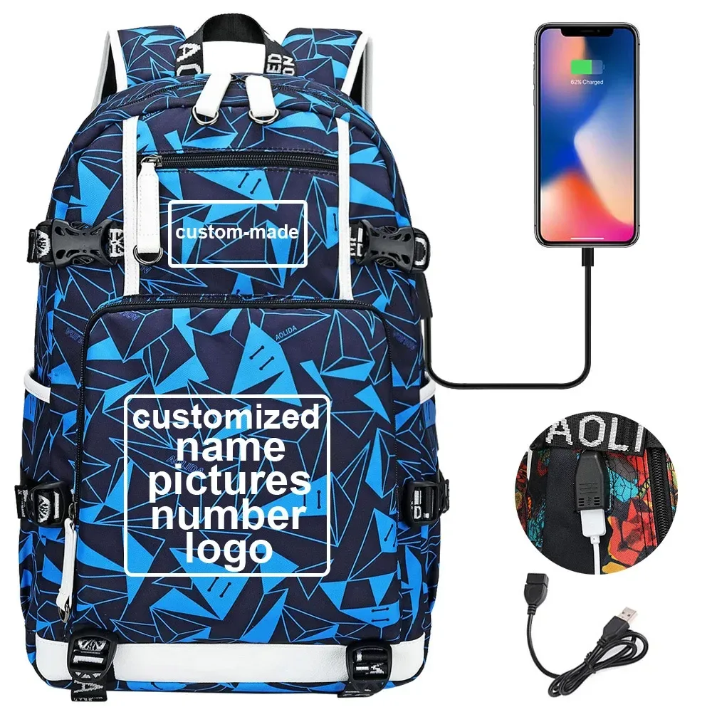 sac à dos en toile pour hommes et femmes, imprimé personnalisé, avec photo ou logo, pour enfants, garçons et filles, usb, pour ordinateur portable, grand sac de voyage