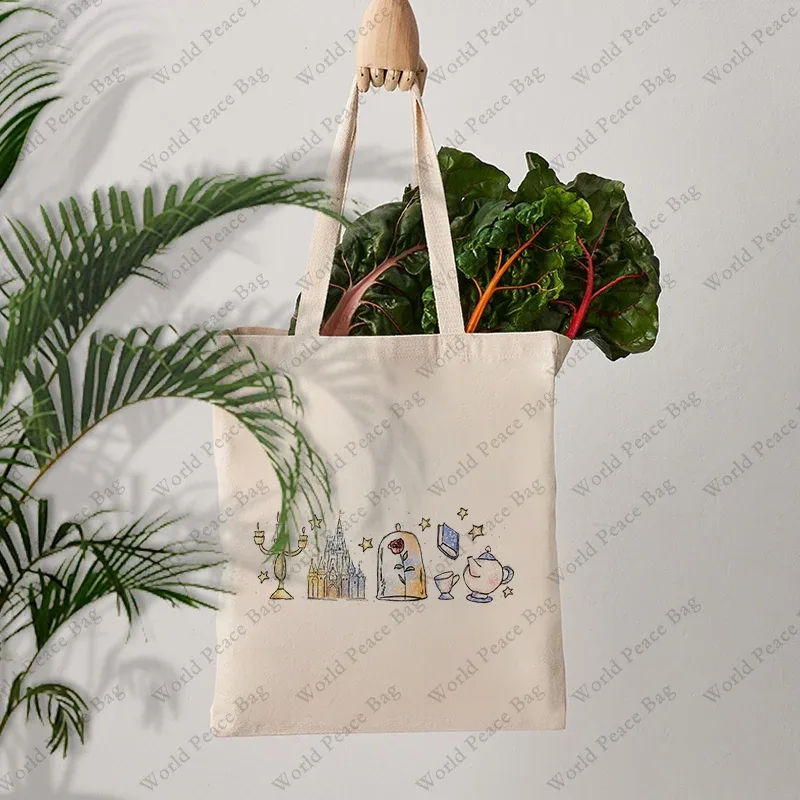 sac fourre-tout en toile à motif princesse, motif "une histoire aussi ancienne que le temps", sac à bandoulière pour les voyages et les trajets quotidiens, sac de shopping réutilisable pour femmes.