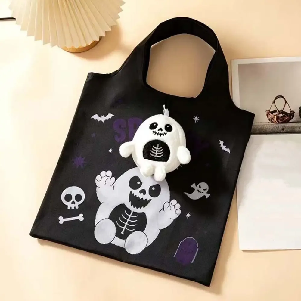 sac fourre-tout d'épicerie halloween couleur unie, mini pochette 2-en-1 compacte, résistante aux déchirures, avec motif de dessin animé, sac à main de poche