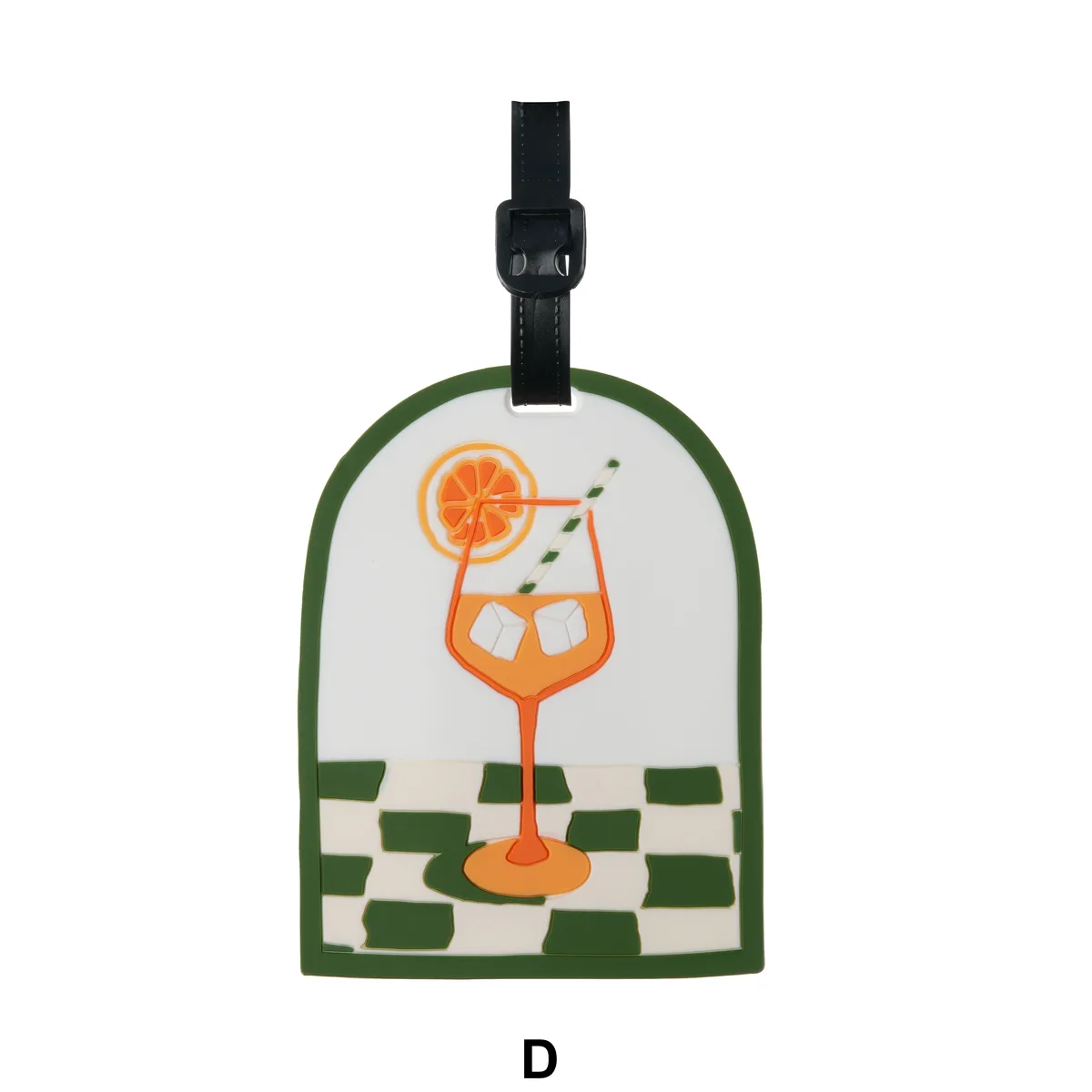 étiquette bagage pvc ovale motif carreaux vert blanc cocktail martini orange citron sip back relax voyage accessoires