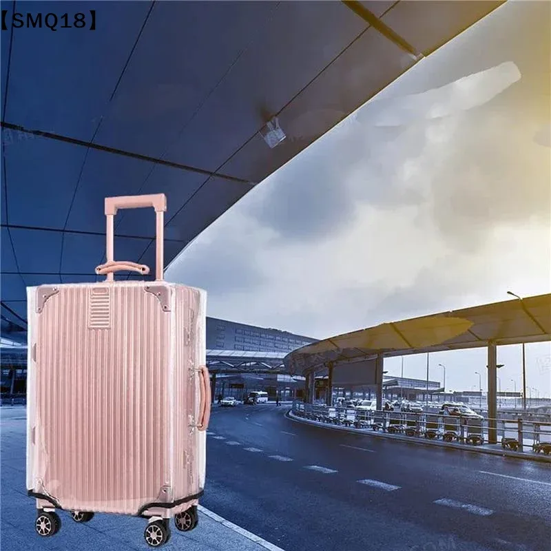 housse valise protection nylon transparente rose pâle bandes noires roulettes poignée amovible universelle voyage