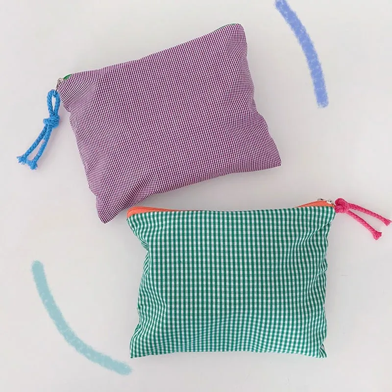 sac de maquillage à carreaux avec fermeture éclair, pochette de rangement en coton, sac à cosmétiques de grande capacité, sac de rangement portable pour femmes, sac à main simple