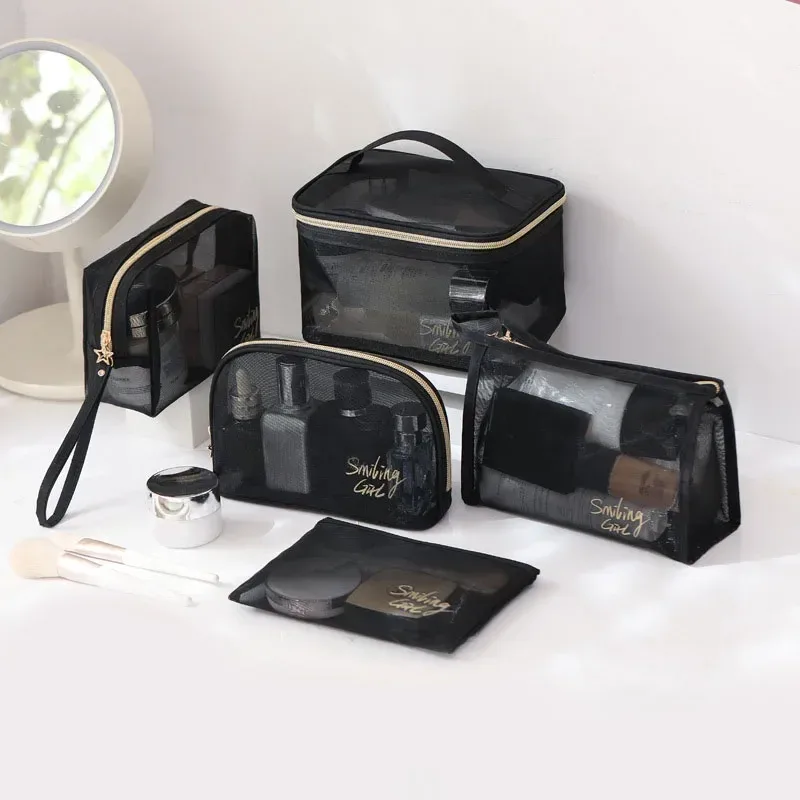 sac à cosmétiques de voyage pour femmes, grande capacité, étui de maquillage en maille noire, pochette de rangement, trousse de toilette décontractée à fermeture éclair, sacs de lavage de maquillage