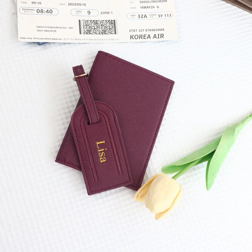 étiquette de bagage en cuir pu avec nom personnalisé, ensemble de sacs pour passeport, étiquette anti-damage pour sac, étiquette de bagage, étui pour carte d'identité