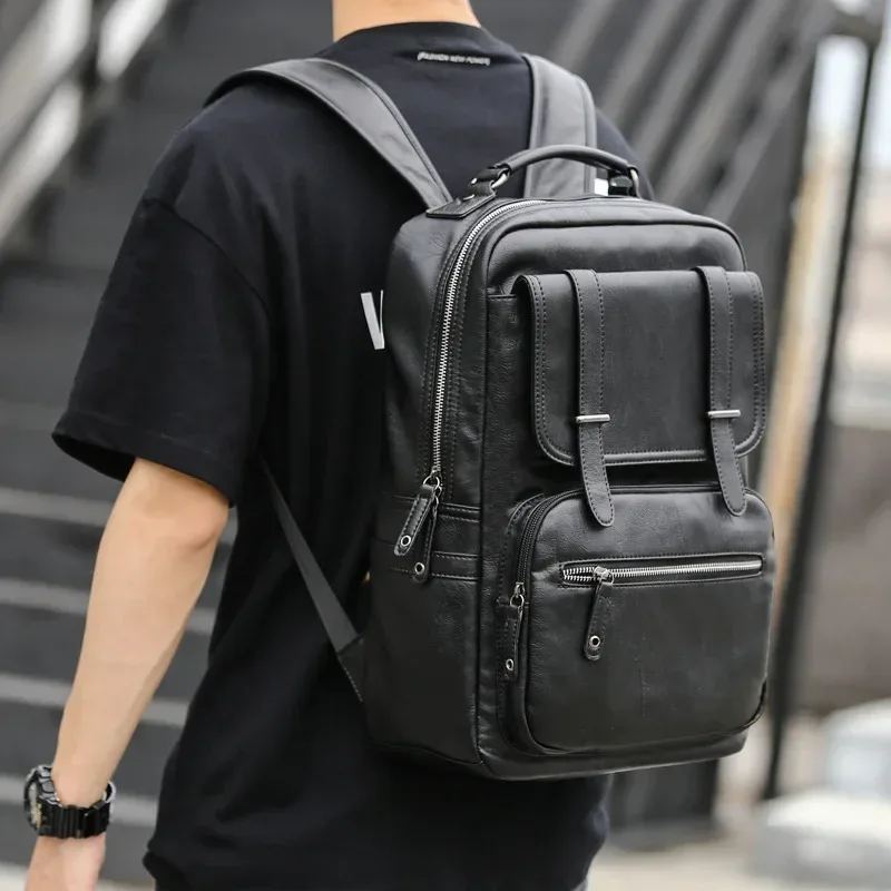 sac à dos simple en cuir pu souple pour hommes, sac à dos de grande capacité pour ordinateur portable de 14 pouces, cartable pour étudiants, sac à dos de voyage