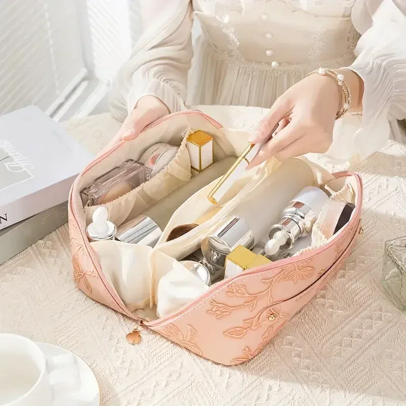 sac de toilette vintage à fleurs pour femme, sac à main cosmétique portable, trousse de maquillage, pochette, sac de voyage grande capacité avec fermeture éclair
