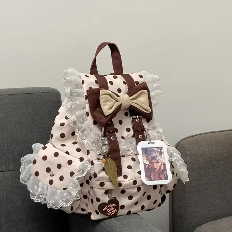sac à dos preppy à pois avec nœud décoratif en dentelle, plusieurs poches, grande capacité, sac simple pour étudiants et navetteurs, sac à dos tendance y2k