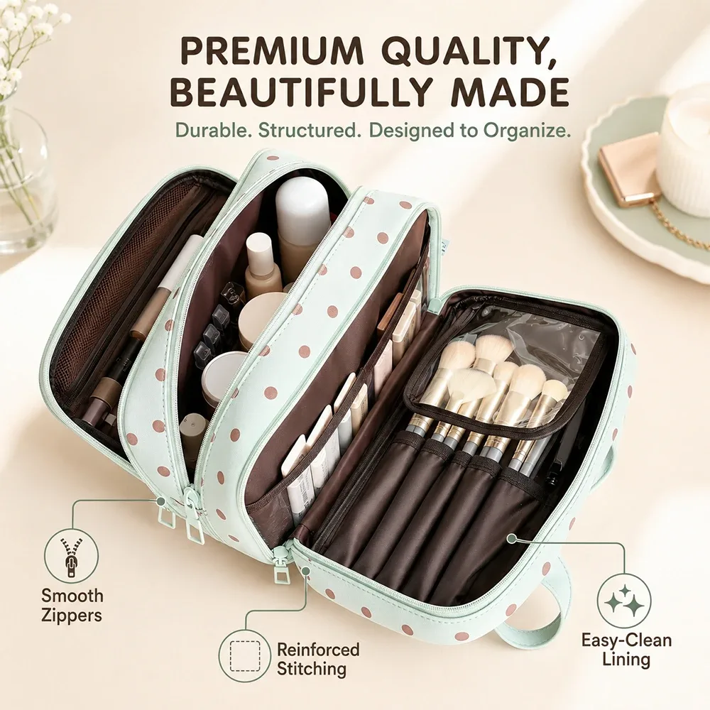 sac de maquillage à pois mignon, trousse de toilette de voyage grande capacité, sac cosmétique multi-poches à 3 niveaux pour les soins de la peau et les pinceaux cosmétiques