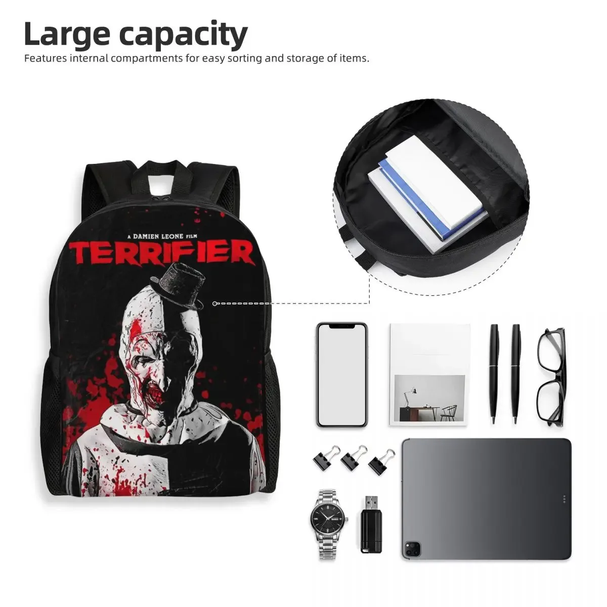 sac à dos de voyage personnalisé terrifier movie pour hommes et femmes, cartable d'ordinateur scolaire, sac à dos d'étudiant, sacs d'horreur, halloween, clown, collège