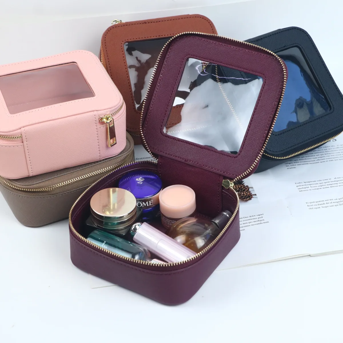 trousse de toilette de voyage en cuir saffiano pour femmes, nom personnalisé gratuit, organisateur de maquillage, sac à cosmétiques pour femmes