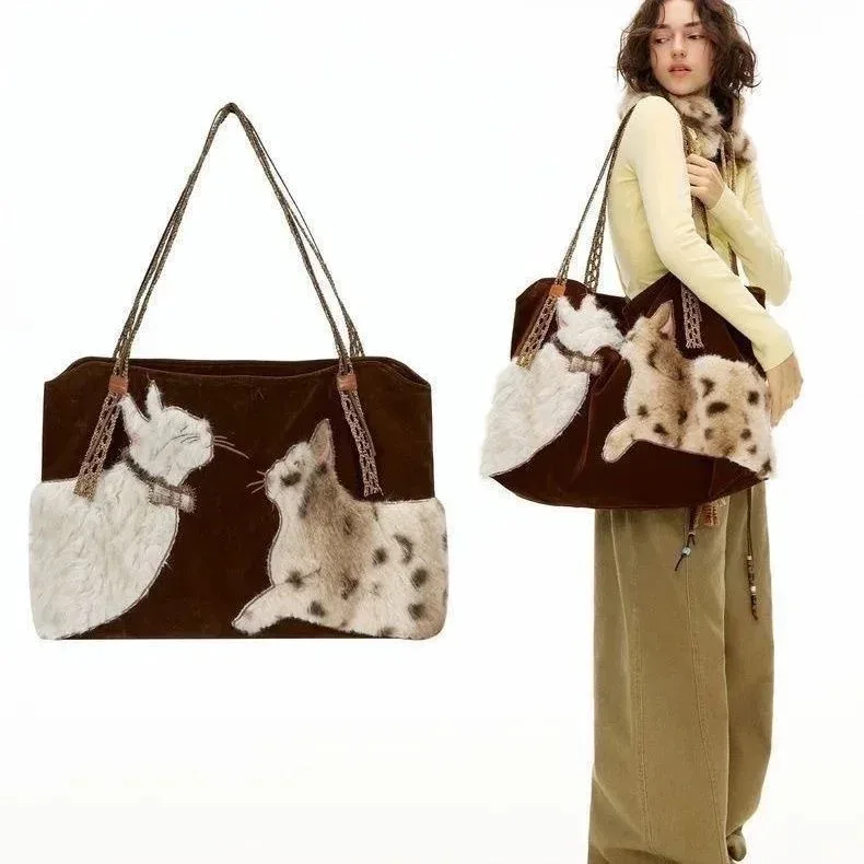sac fourre-tout en fausse fourrure brodée motif chat, grande capacité, sac à main pour femme, marron, sac de voyage en peluche d'hiver, sac boston.