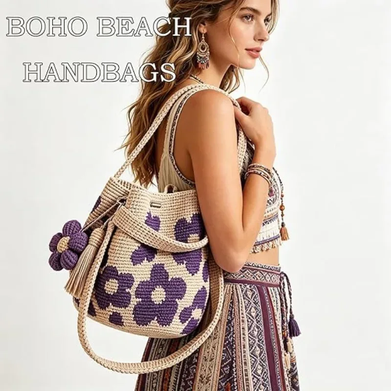 sac fourre-tout en crochet fait main avec fleurs, sac à main floral tricoté, sac de plage tissé style bohème