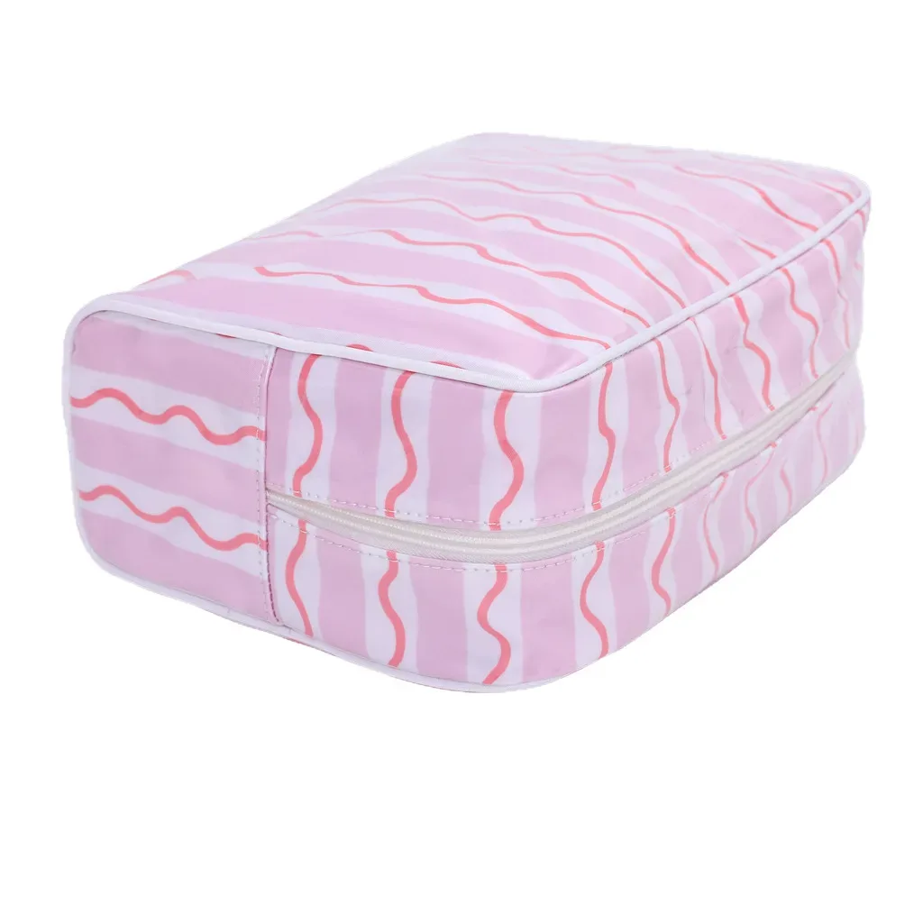 nouvelle trousse de maquillage rayée rose à fermeture éclair pour femme, grande pochette de toilette à motifs pour plage et voyage, sac de rangement transparent