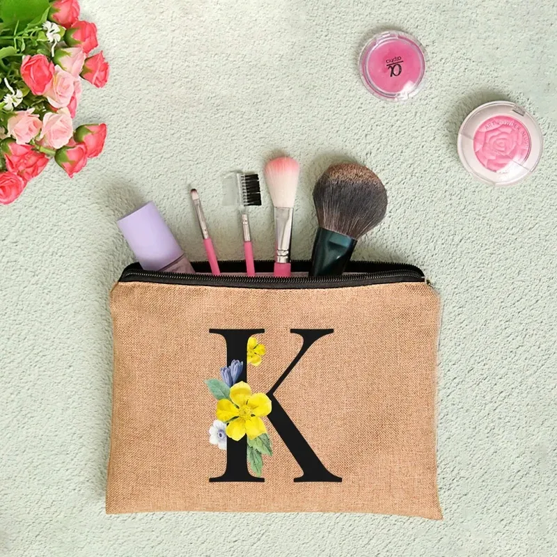 pochette en lin à fermeture éclair pour femmes, imprimé de lettres florales, étui de rangement de voyage, sac à cosmétiques, trousse de maquillage, sacs de maquillage de demoiselle d'honneur