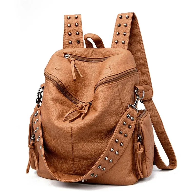 sac dos cuir souple polyester bleu noir gris marron poche ouverte fermeture éclair bandoulière arquée usage voyage femme décontracté