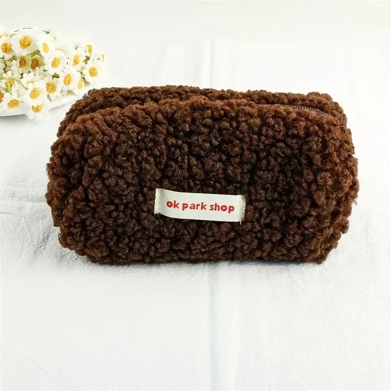sac à cosmétiques à fermeture éclair de couleur unie, 1 pièce, pochette de lavage, trousse de maquillage en fourrure mignonne pour femmes, facile à sortir