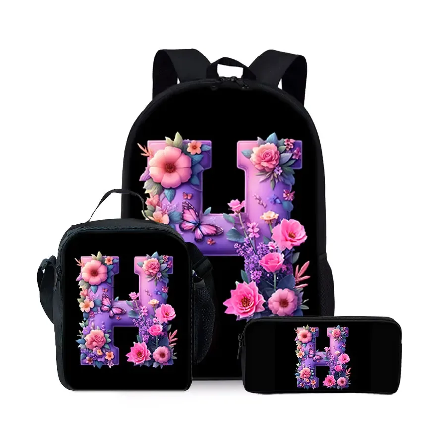 nouvel ensemble de sacs à dos trois pièces à motif alphabet anglais pour garçons et filles – meilleurs cadeaux – sac à dos scolaire plat 2d dessin animé pour enfants