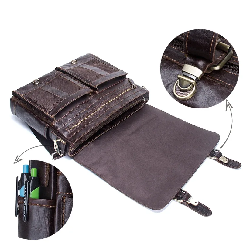 porte documents cuir véritable cuir vache marron poignée souple fermeture éclair poches téléphone portable valise large usage voyage business commerce