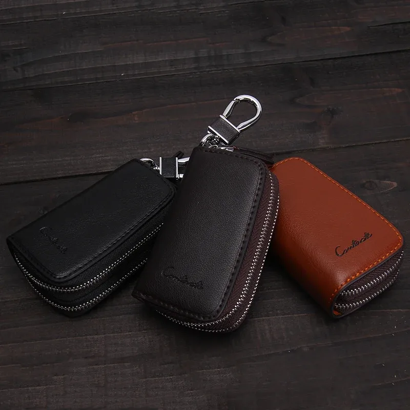 contact's – porte-clés de voiture en cuir véritable, porte-clé de mode, organisateur de clés de ménage, double fermeture éclair, étui à clé