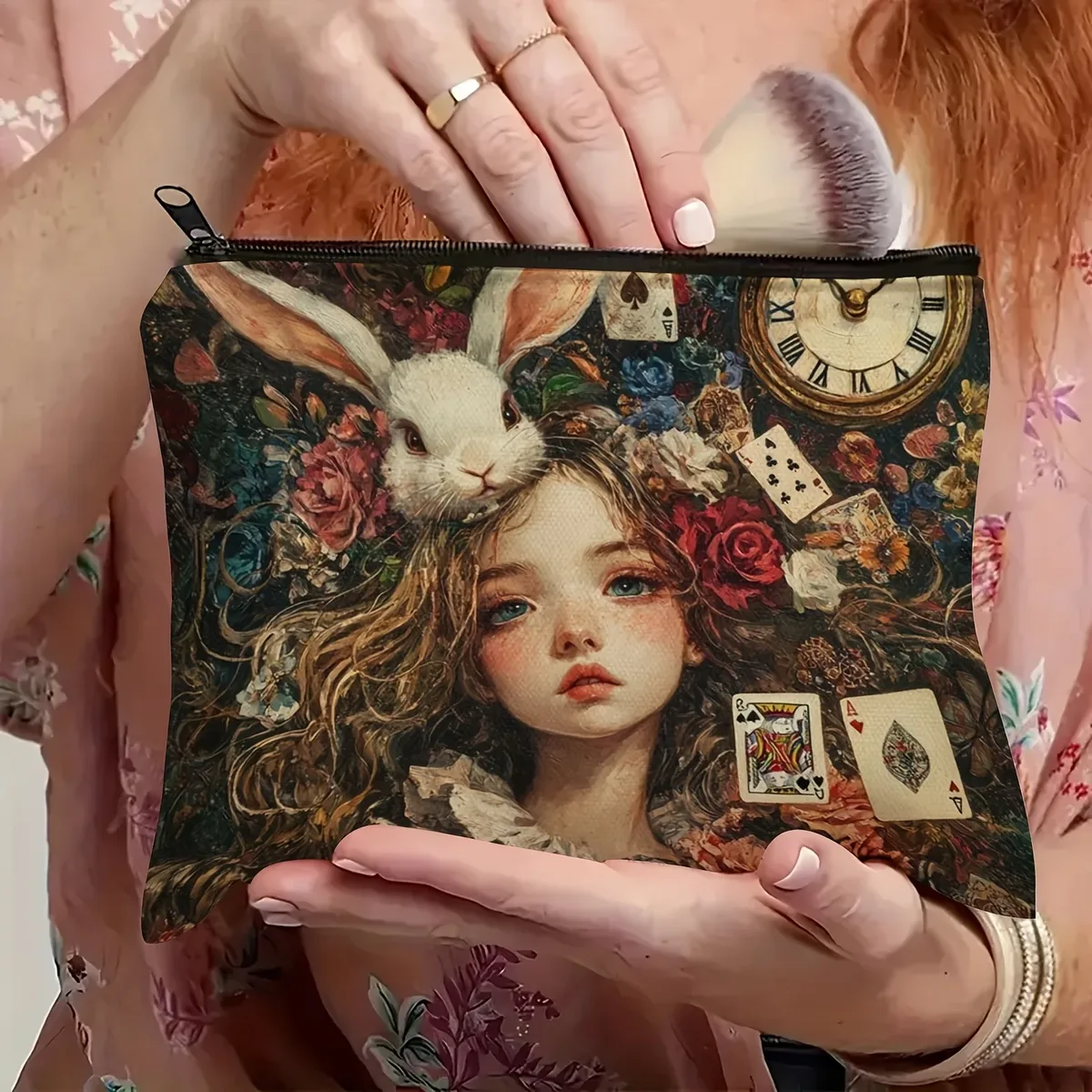 trousse de maquillage fantaisie – conception de lapin de rêve et de cartes à jouer, pochette cosmétique blanche avec fermeture à glissière