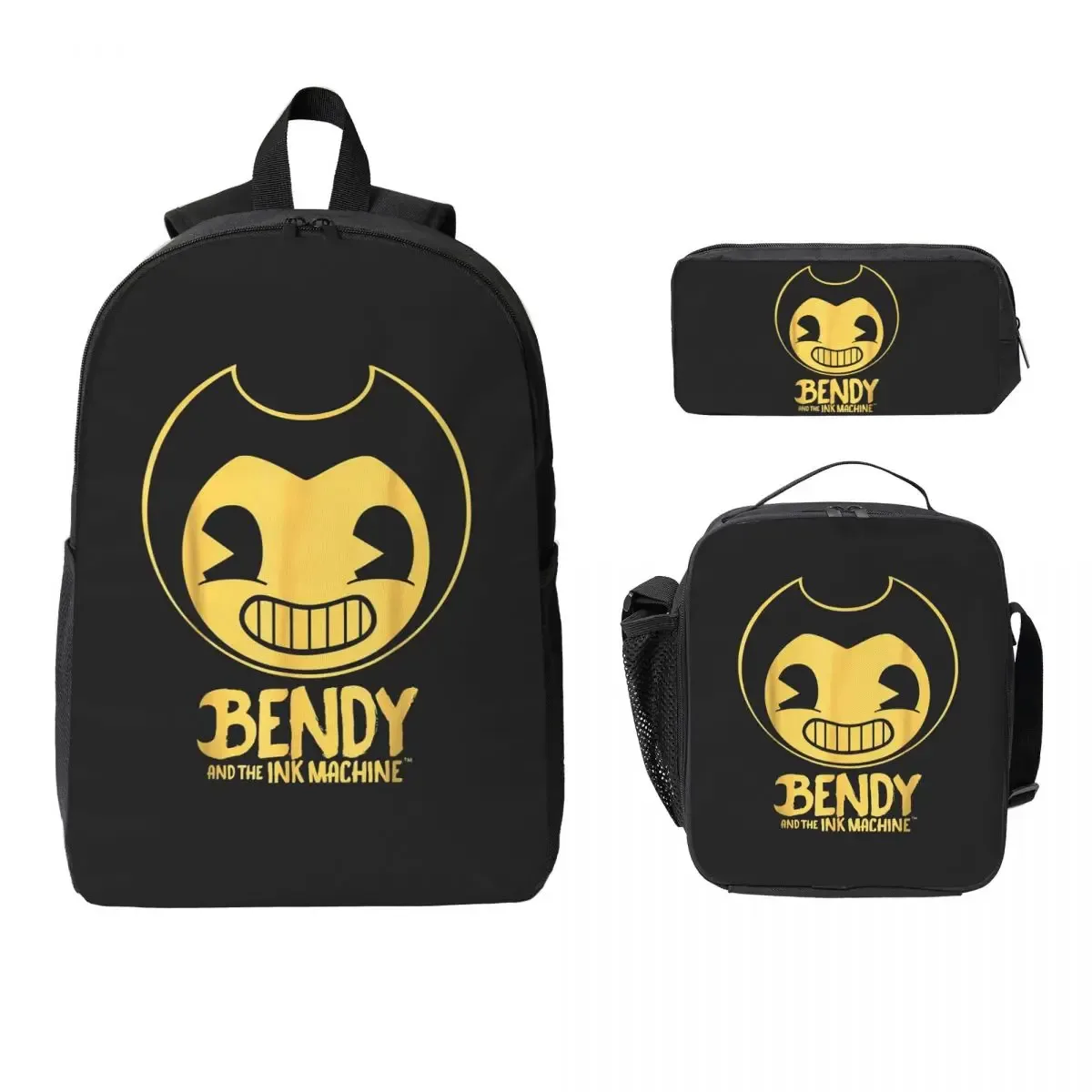 sac à dos bendy-ink-machine, sac à livres pour étudiants, sac d'école, sacs à bandoulière pour ordinateur, 3 sacs à déjeuner isothermes, trousse à crayons
