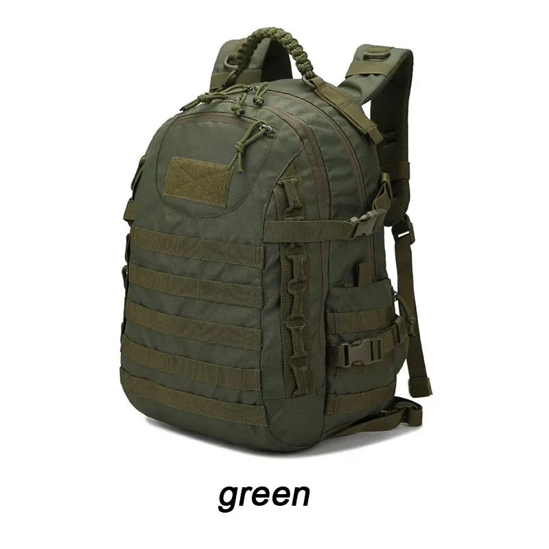sac dos vert olive bandes marron claires motif camouflage fermeture velcro ajustable boucles métalliques usage extérieur capacité grande