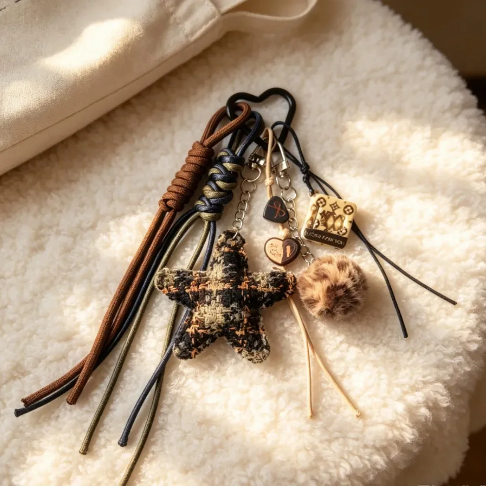 breloque de sac vintage à motif écossais, cœur et étoile avec pompon, pendentif de sac esthétique rétro pour sac fourre-tout, sac à dos, sac bandoulière, accessoire de mode quotidien