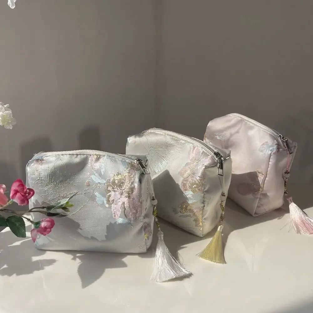 pochette cosmétique portable en polyester avec fermeture éclair, broderie florale, style chinois, organiseur de maquillage, pour voyage