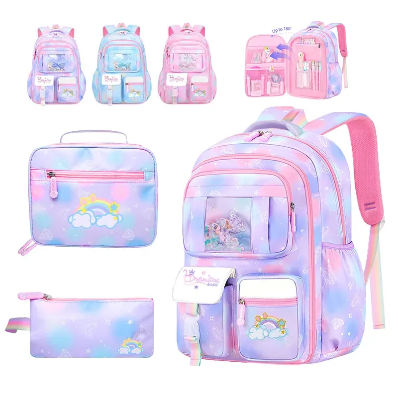 Sac à dos d'école pour filles, 3 pièces, grande capacité, sac d'école pour enfants avec étui de transport pour crayons et déjeuner, sac à dos de voyage, cadeau pour enfant