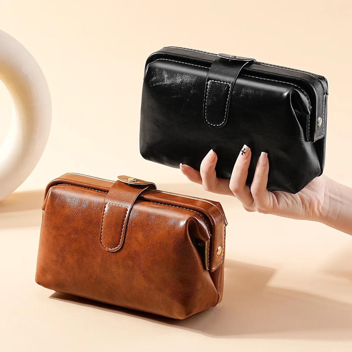 sac à cosmétiques en cuir pu pour femmes, grande capacité, étanche, trousse de maquillage vintage, couleur unie, sac de rangement pour cosmétiques, porte-monnaie