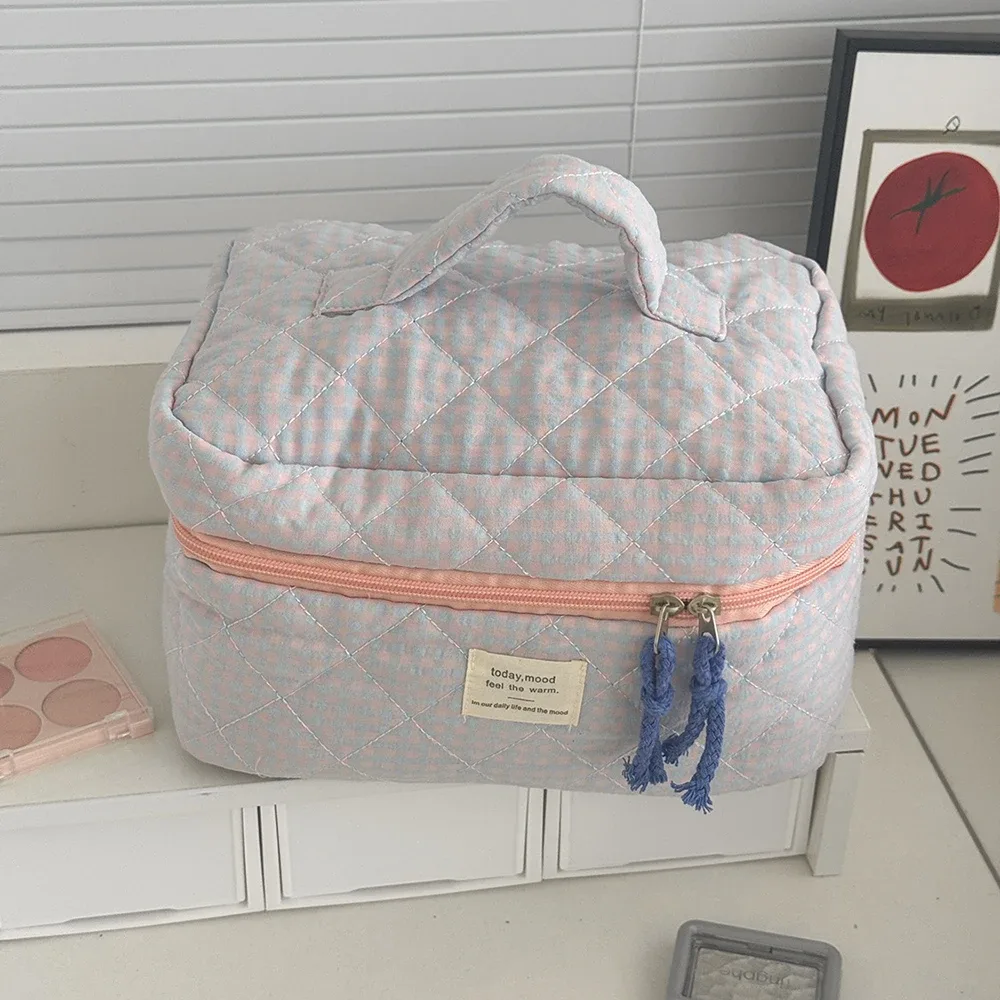 trousse polyester décontractée plaid violet rose orange bleu beige noir géométrique voyage cosmétique toile douce